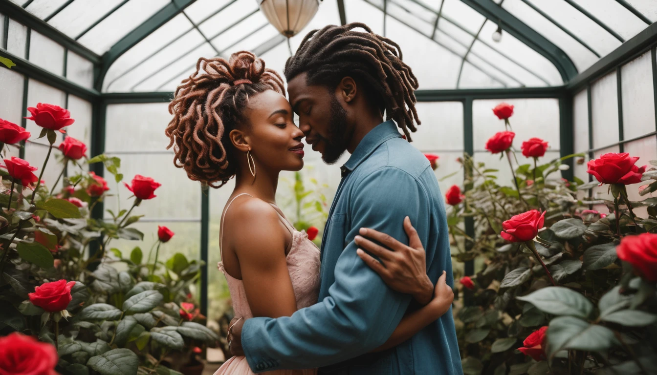 花に囲まれた温室で抱き合うアフリカ系アメリカ人カップル