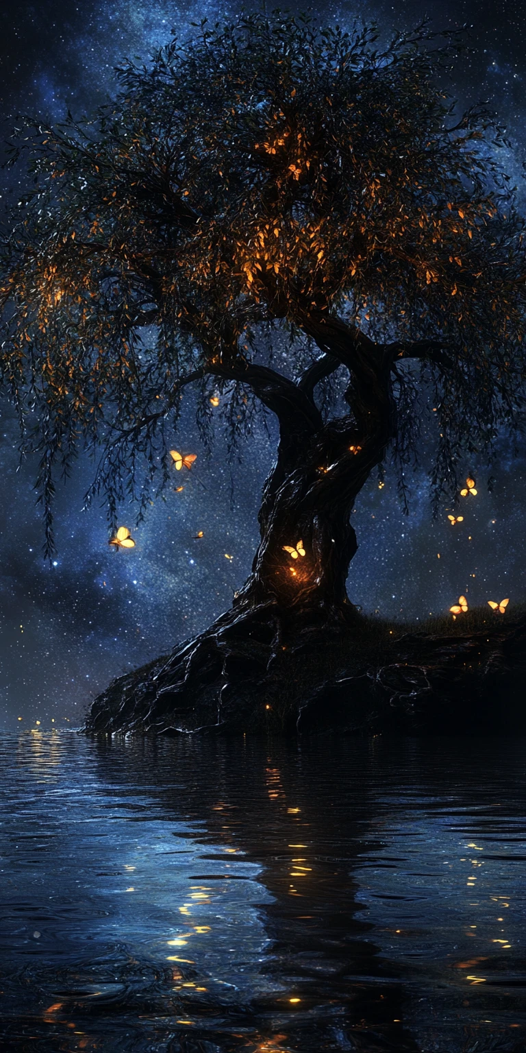 Ancient Willow Tree On A Lonely Island At Night