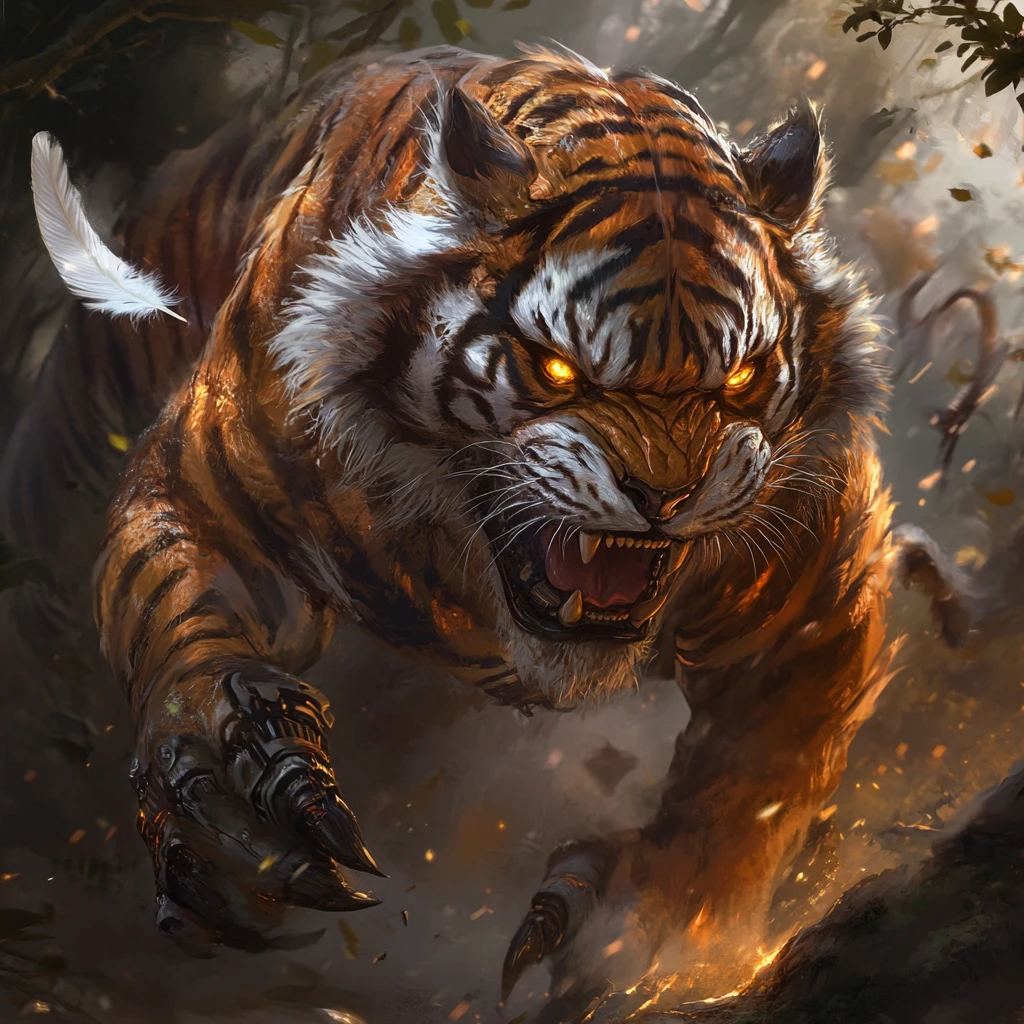 Cyborg-Tigerjägerin springt durch mondbeschwängten Dschungelnebel