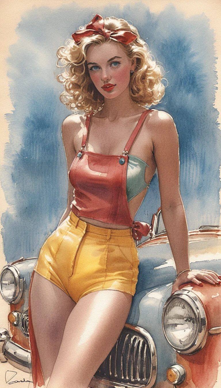 紅色復古車上的金髮 Pin-up 女郎肖像