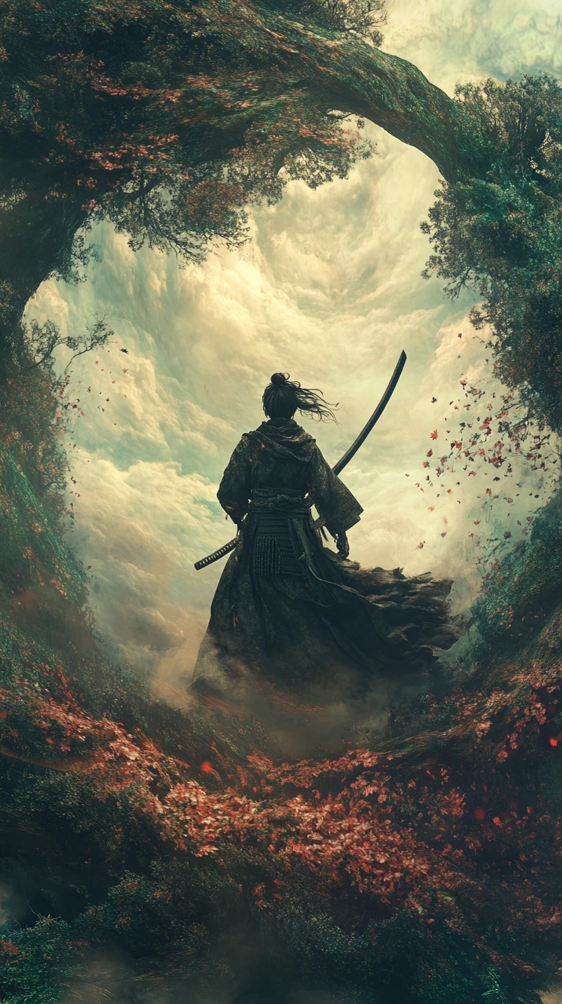 Samurai surreal em uma cena de ilusão de fantasia sombria