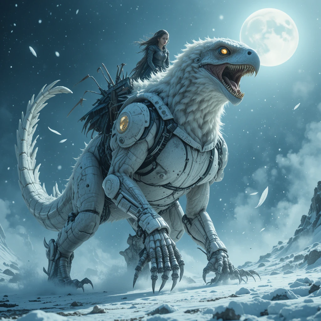 Dinossauro híbrido de águia avançando por uma nevasca ao luar