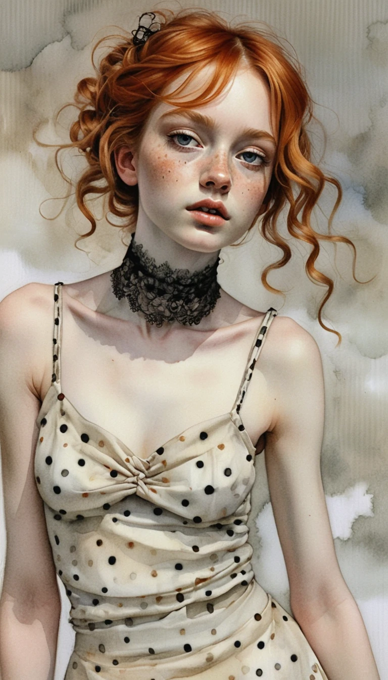 Freckled red haired girl in yellow dress against soft clouds