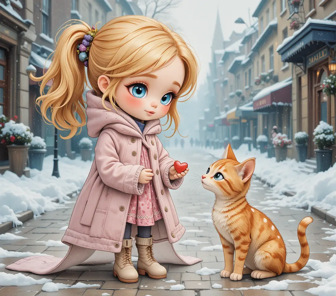 Fille en manteau d’hiver pastel partageant un cœur avec un chat
