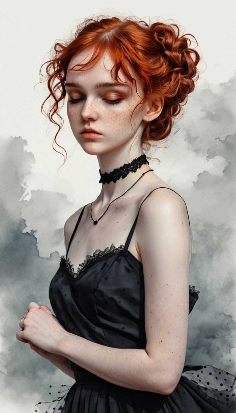 Jeune fille rousse et pleine de taches de rousseur en robe jaune sur fond brumeux