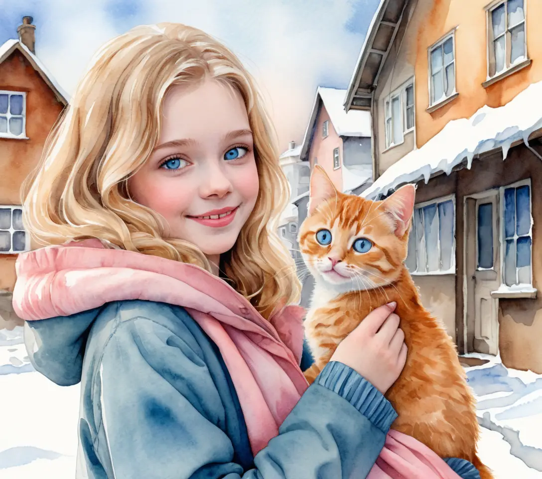 Fille en manteau d’hiver pastel offrant un cœur à un chat