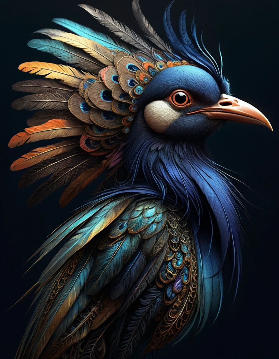 Perfil majestoso de pavão em ilustração 3D com tons de joia