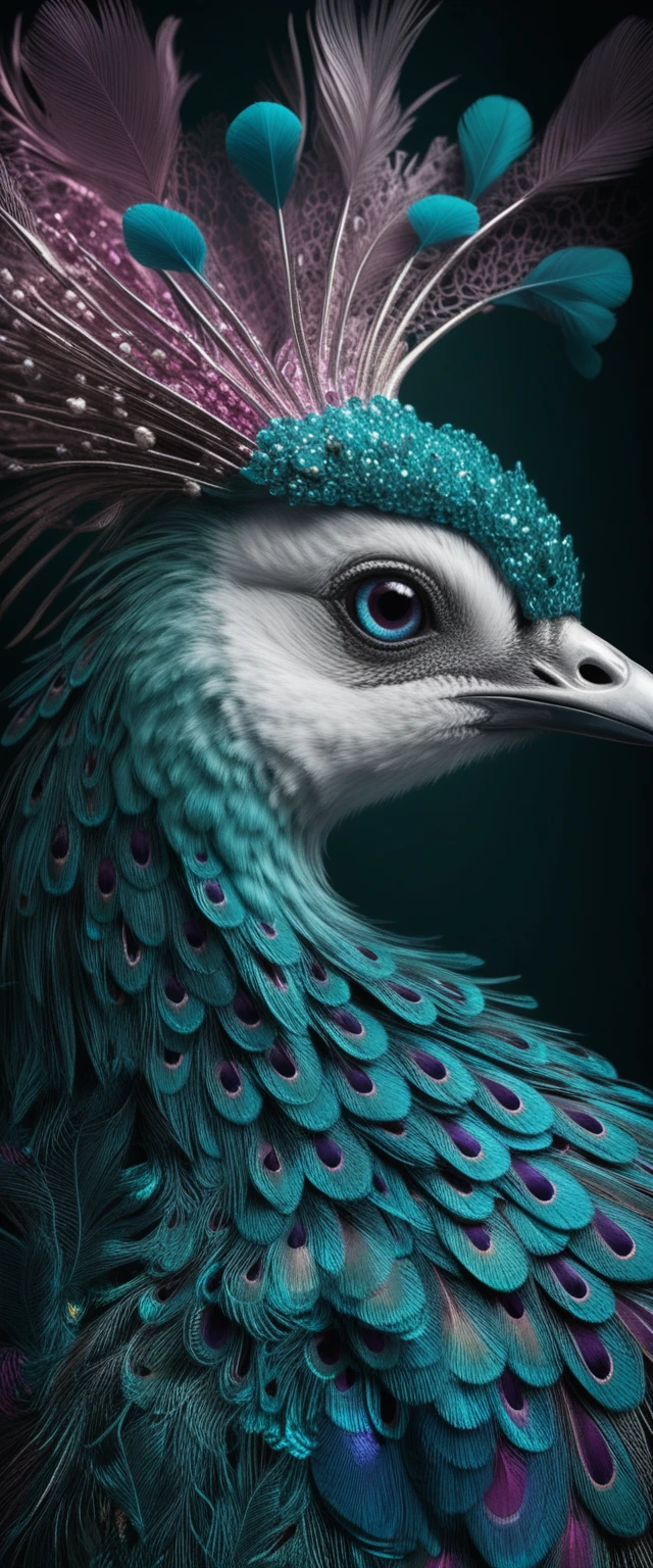 Pavão majestoso em close com tons de joia 3D dramáticos
