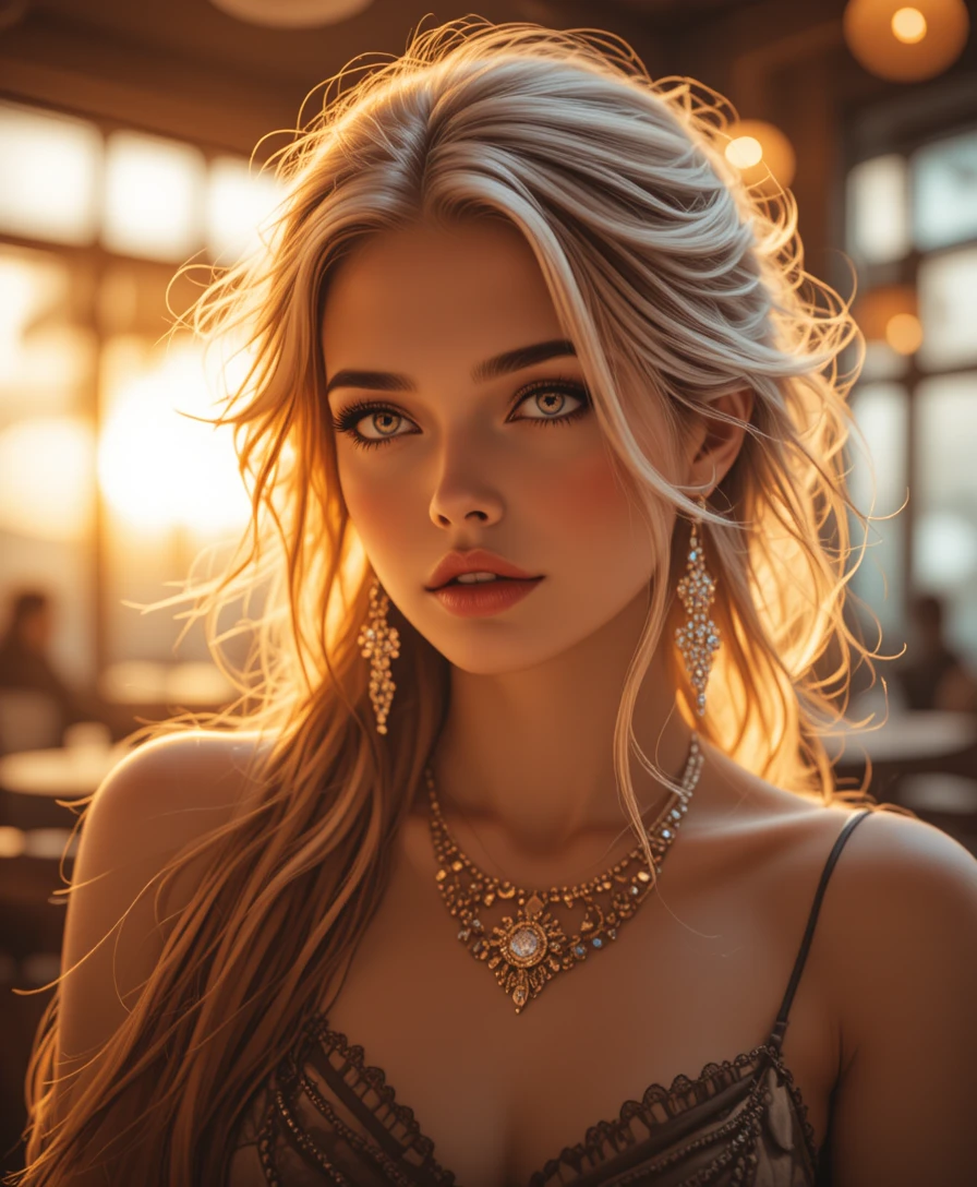 Cinematic close up of a woman in warm cafe light