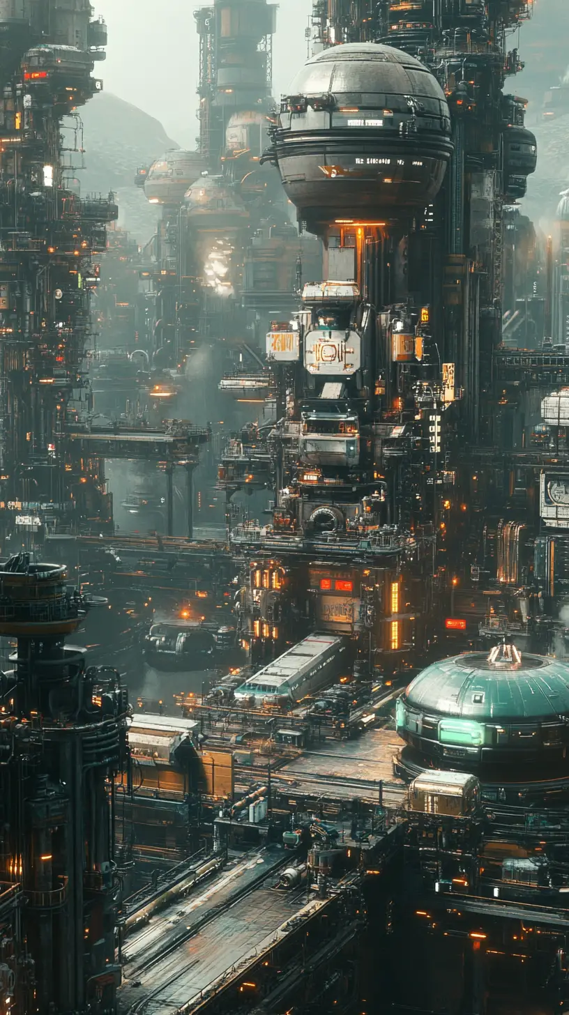 Futuristische Industrie-Stadtlandschaft mit hoch aufragenden mechanischen Strukturen