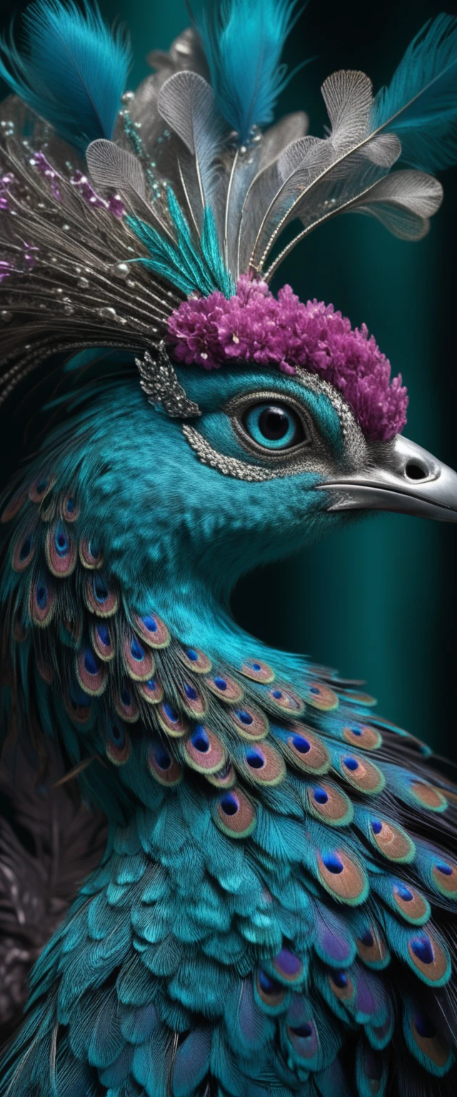 Perfil majestoso de pavão em retrato fantasia 3D com joias
