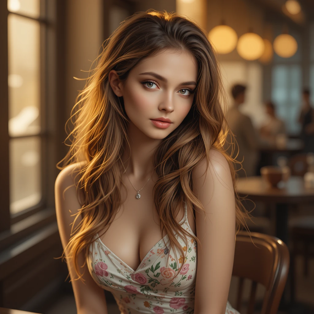 Jeune femme dans une chaude lumière du soleil dans un café cosy