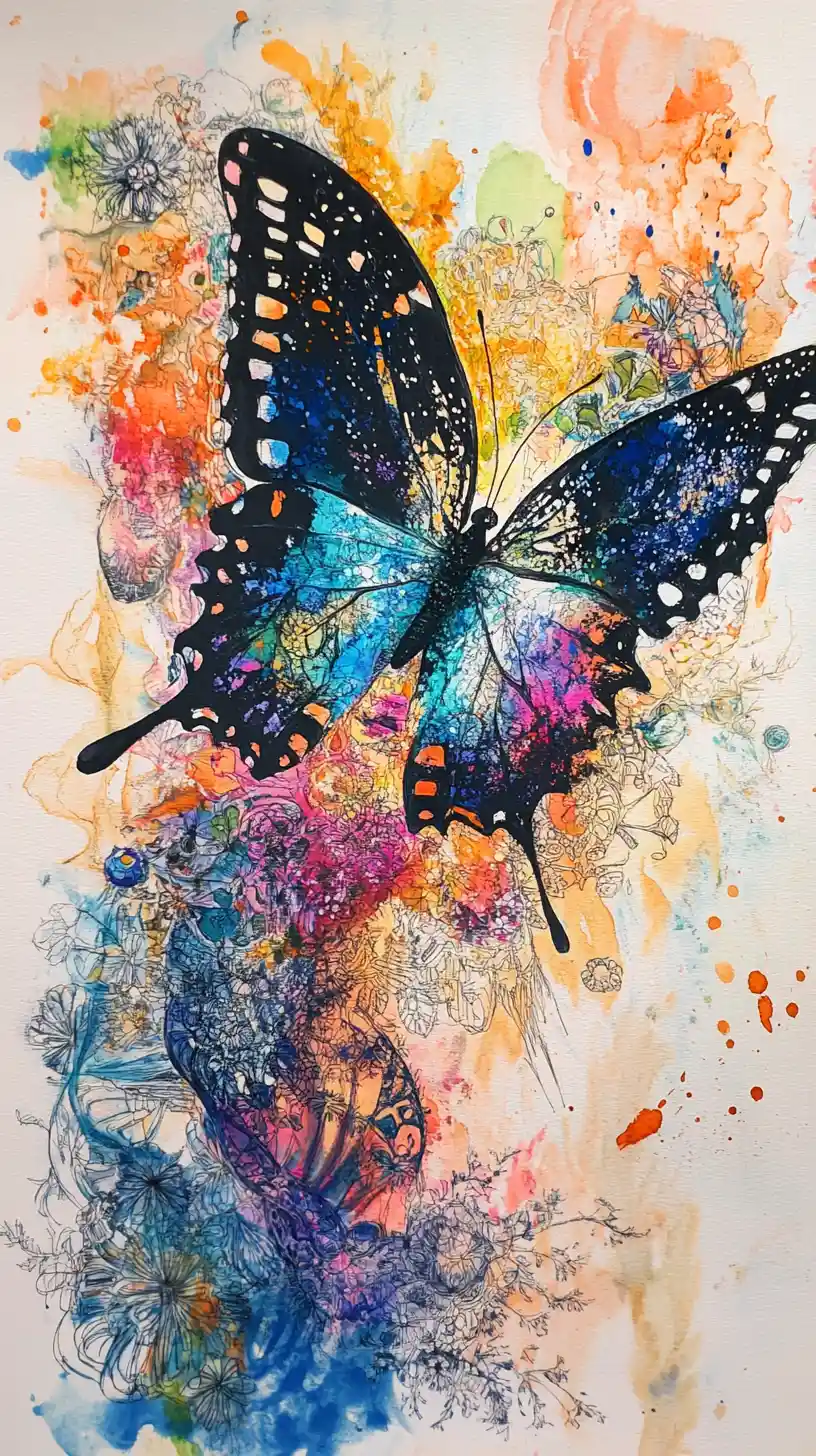 Colorful abstract butterfly with melting watercolor forms