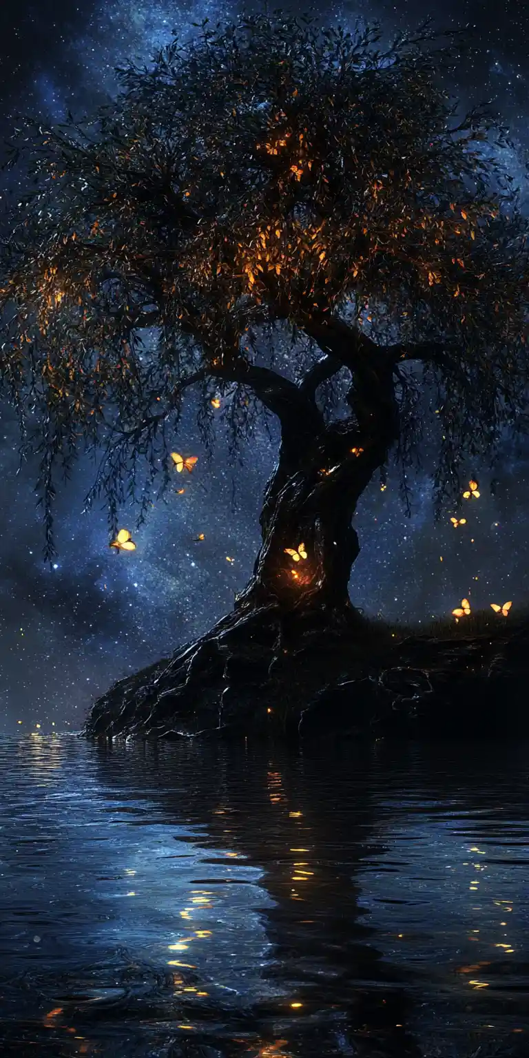 Ancient Willow Tree On A Lonely Island At Night