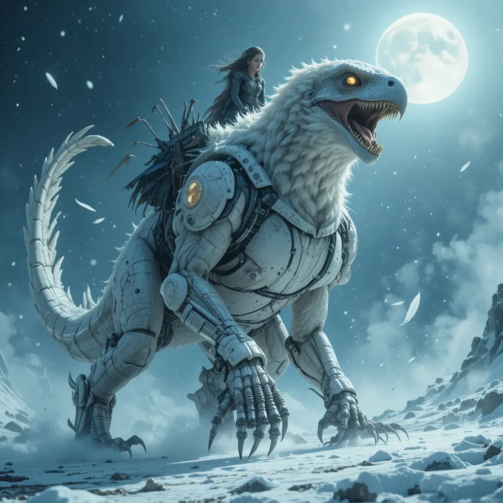 Dinossauro híbrido de águia avançando por uma nevasca ao luar