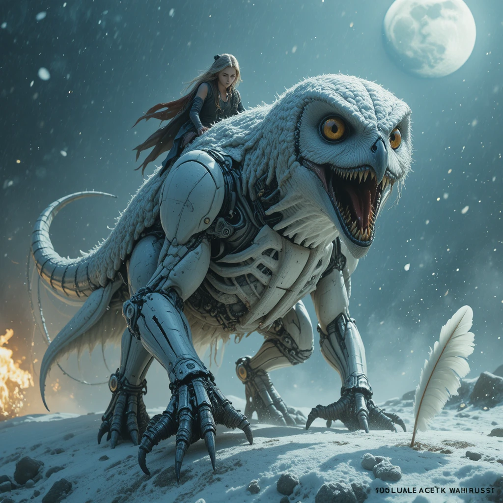 Owl dinosaur hybrid lunging through a moonlit snowstorm