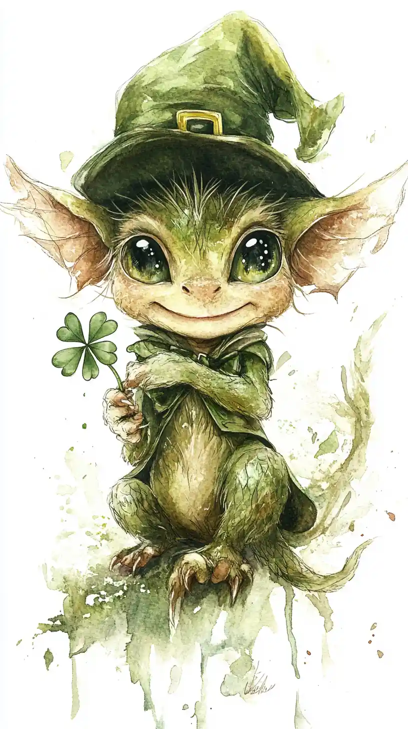 Leprecauno onirico ad acquerello che regge un minuscolo trifoglio