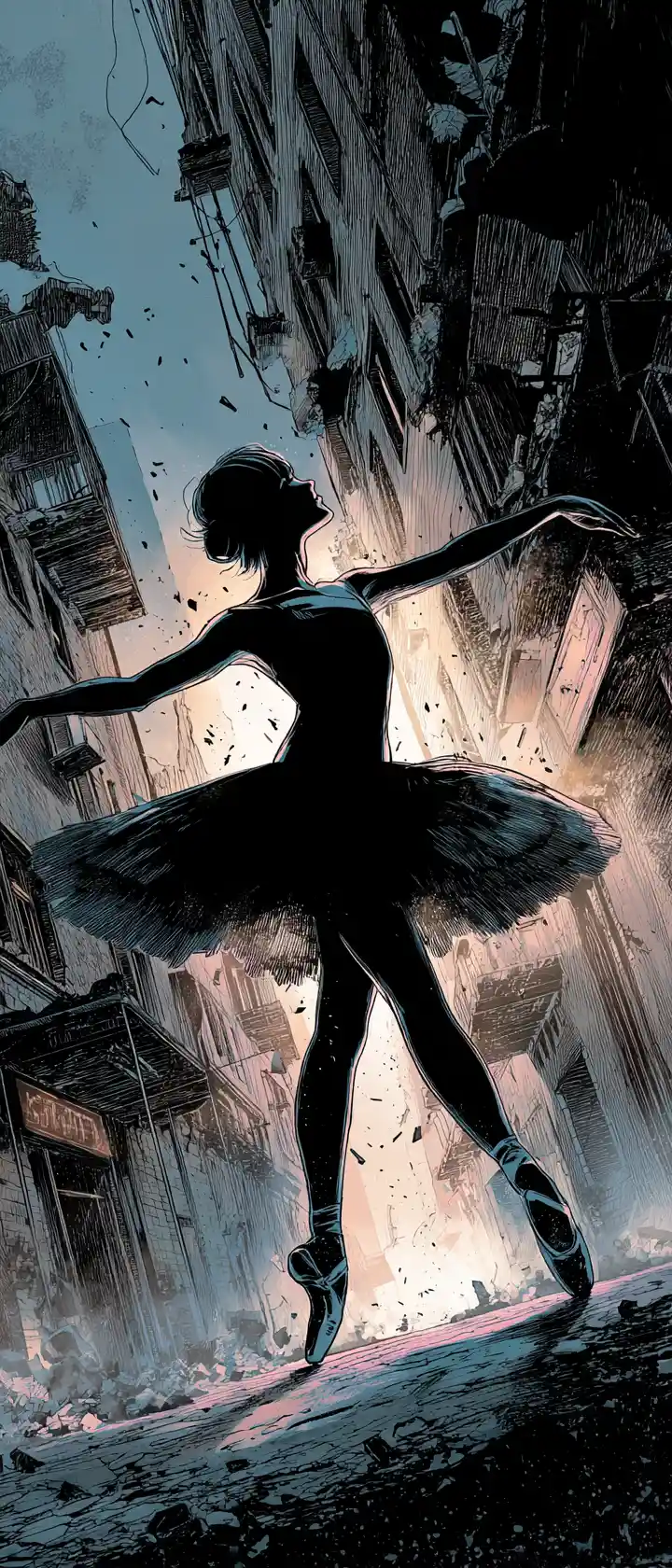Junge Ballerina in einer zerstörten monochromen Stadt im Pirouettendreh