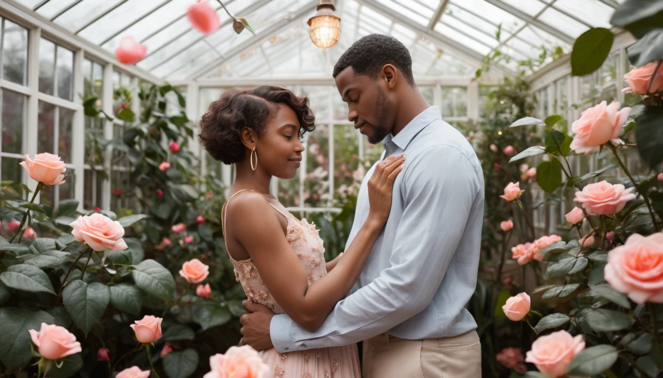 Romantic couple embracing in a flower filled conservatory