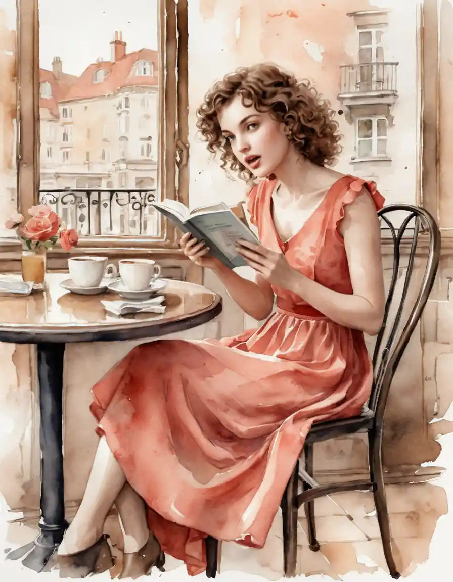 Woman Reading At A Vintage Watercolor Cafe Table