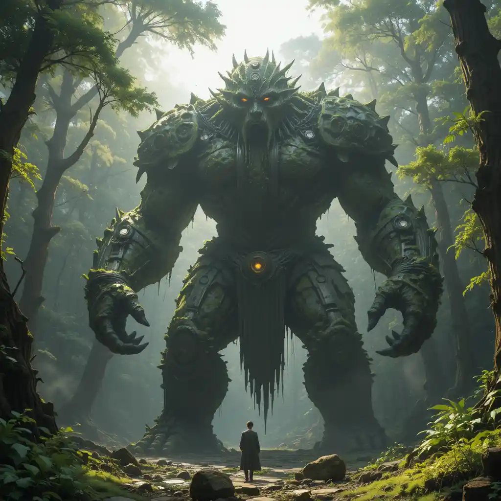 Antigo golem de pedra despertando em uma clareira luminosa da floresta