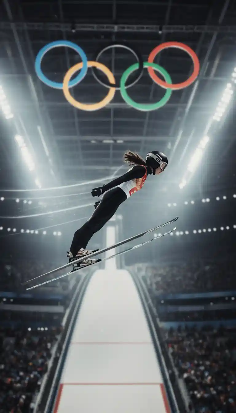 Junge Sportlerin schwebt im dramatischen Indoor-Skisprung
