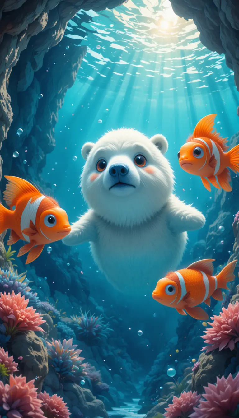 Polar bear and fish in a sunlit underwater cave scene