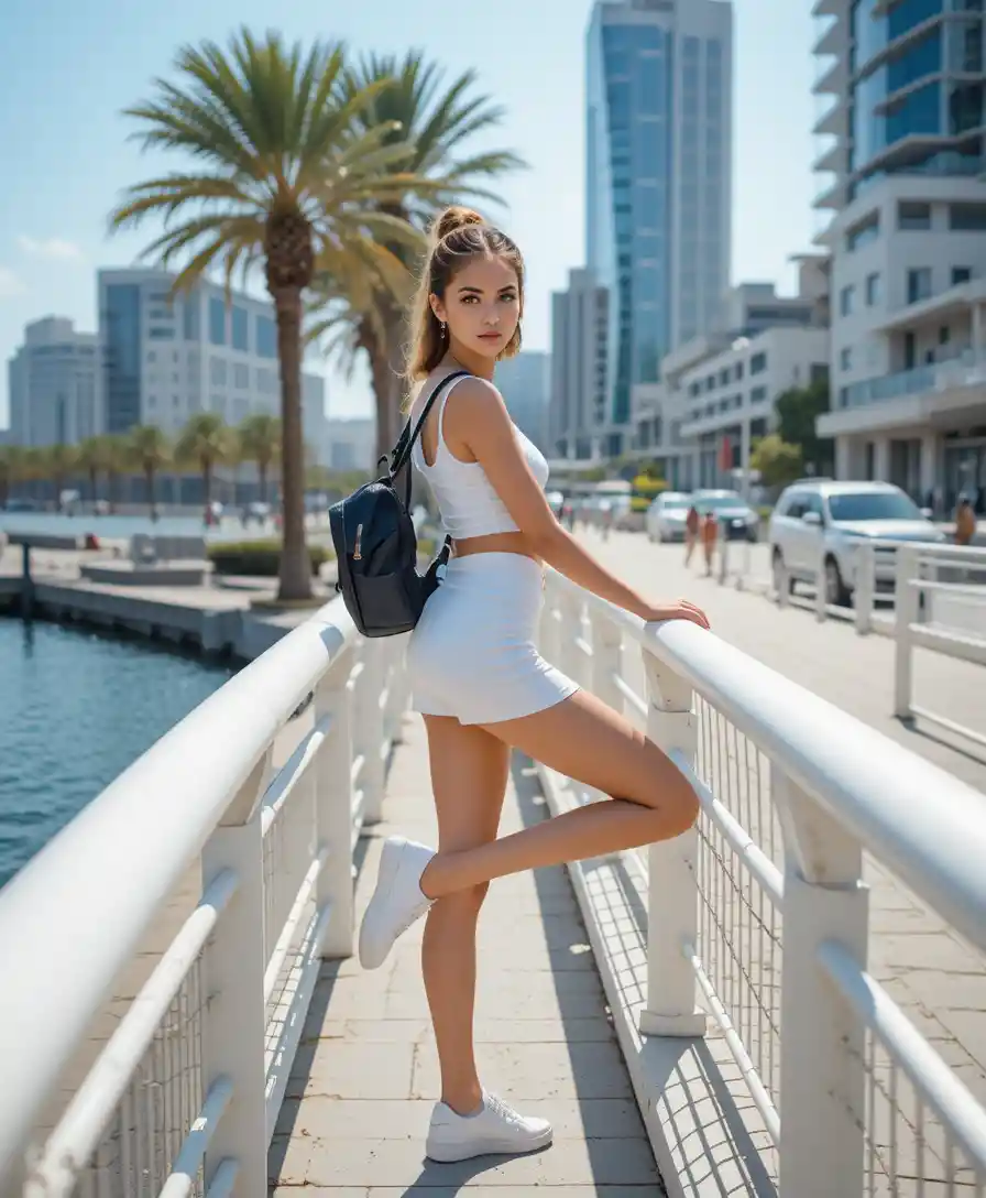 Mujer rubia posando en un paseo marítimo urbano y soleado