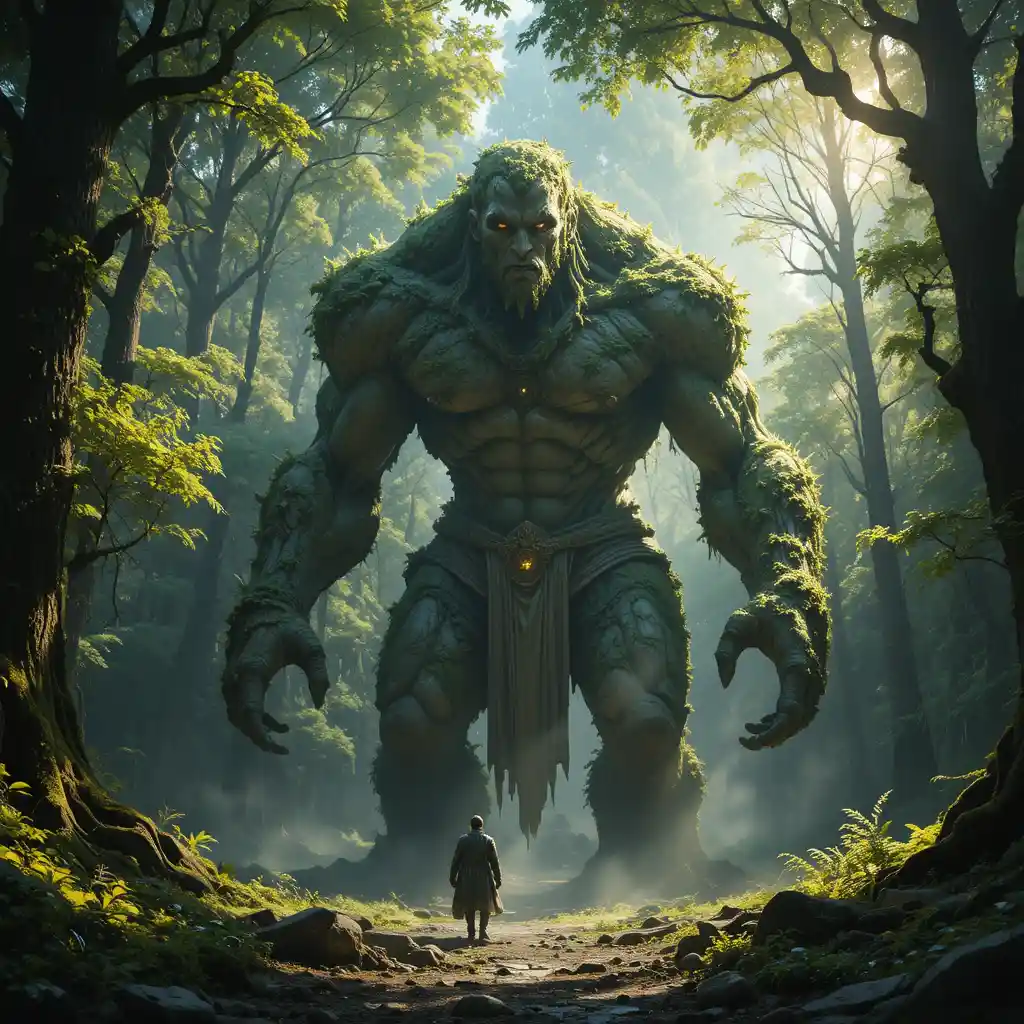 Golem de pedra antigo despertando em uma clareira ensolarada da floresta