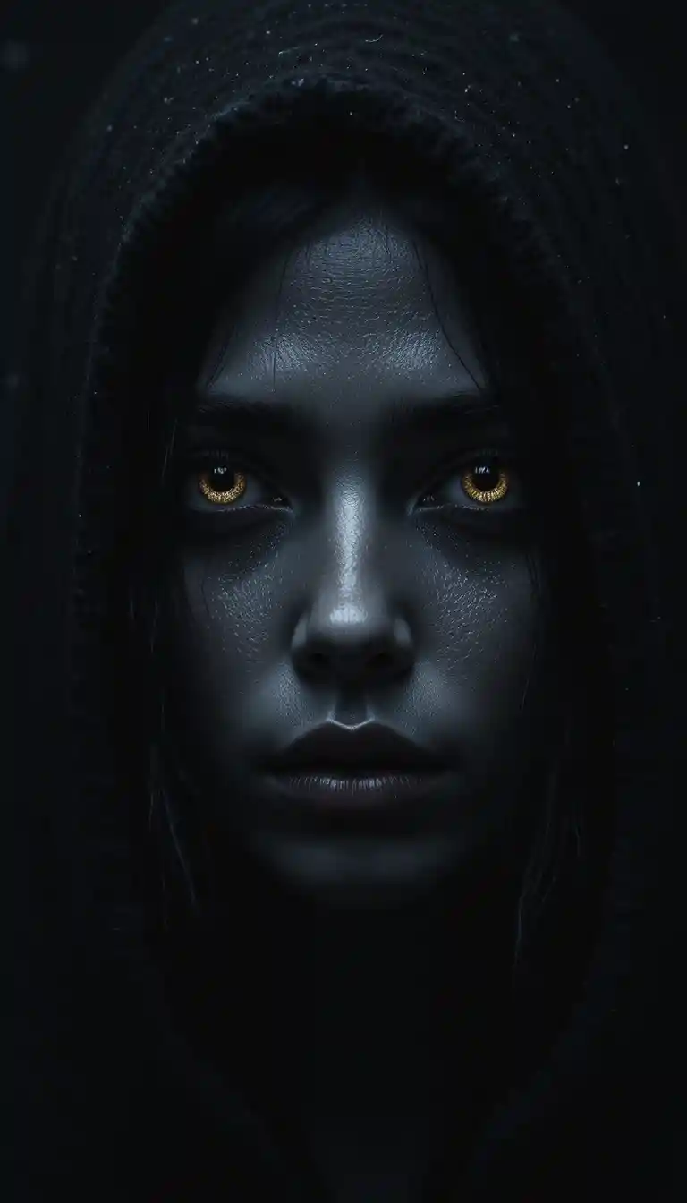 Solitary face in darkness with faintly illuminated eyes