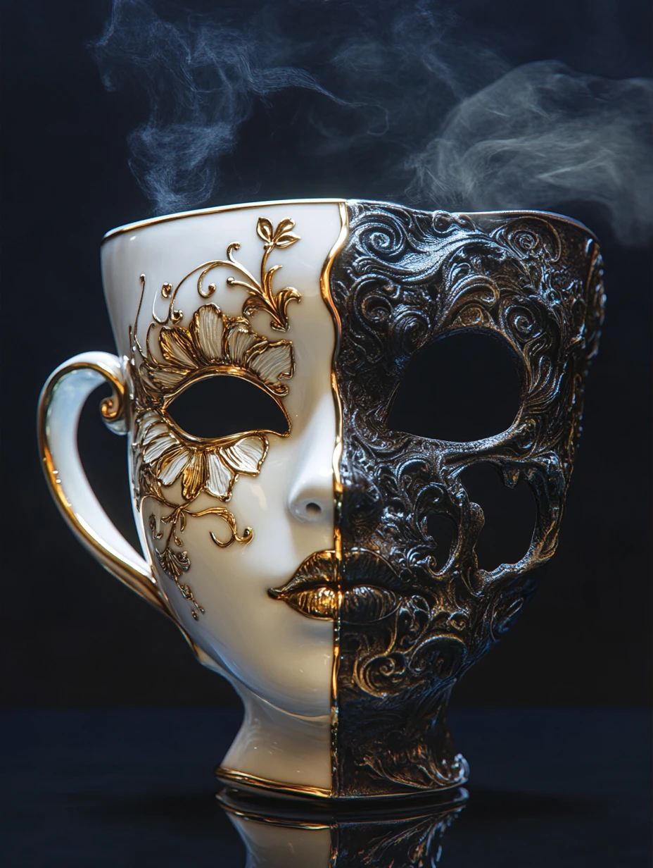 Dual tone carnival mask shaped like a small coffee cup