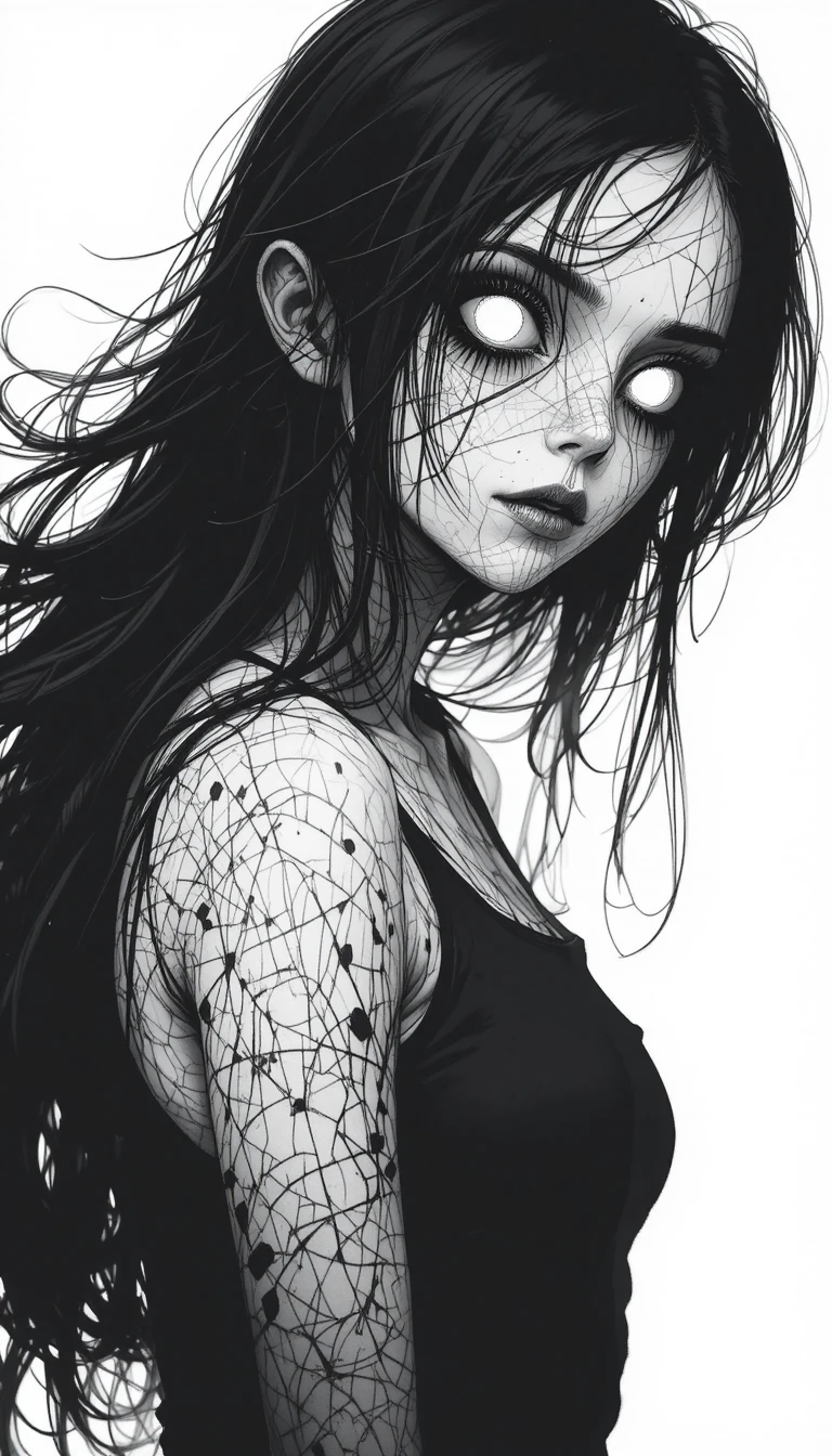 Garota de anime sombria com olhos brancos brilhantes em monocromia
