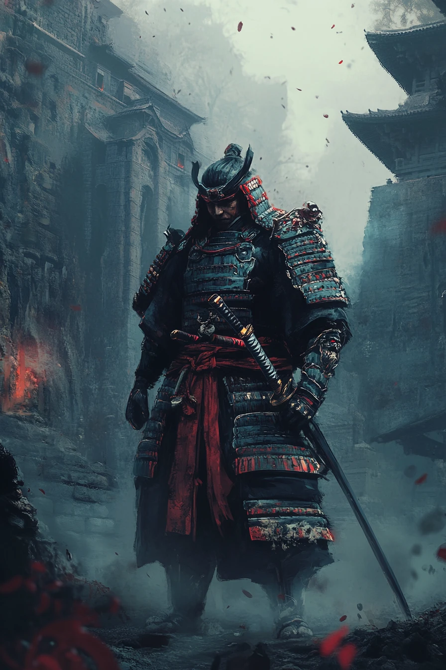 Guerriero samurai stoico davanti a un tempio in rovina avvolto nella nebbia