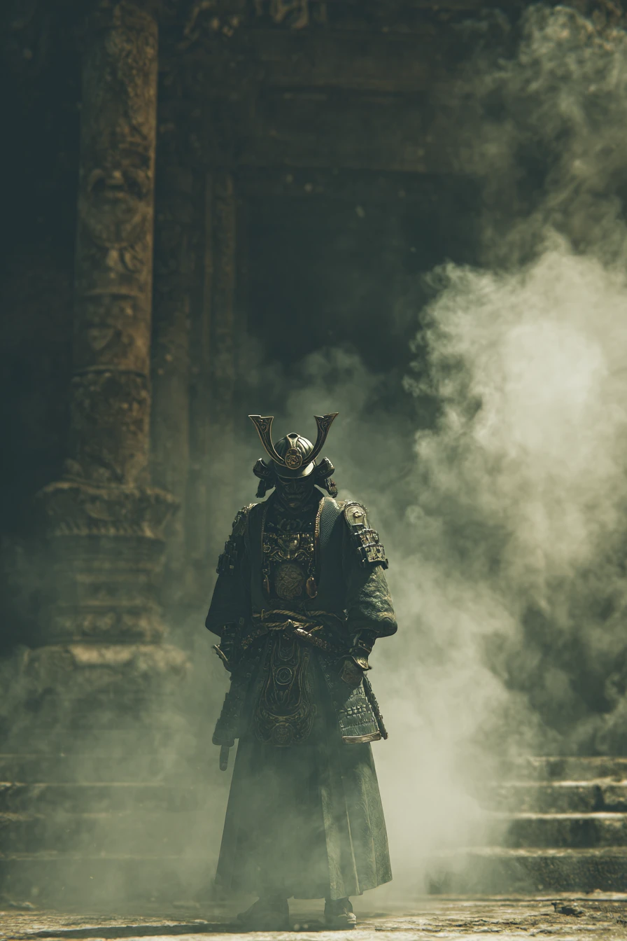 Stoic samurai warrior before a crumbling misty temple