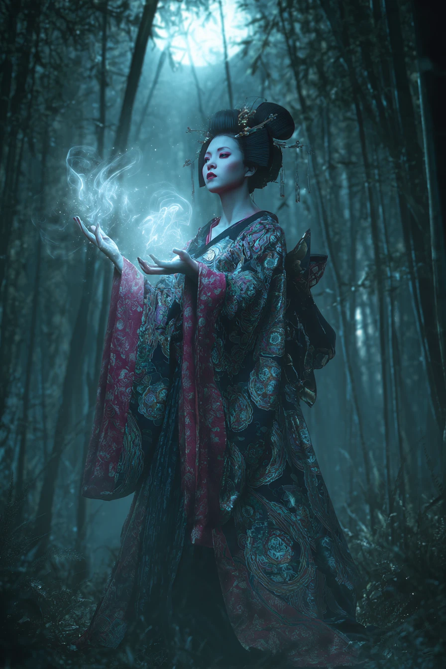 Geisha etérea lanzando magia en un bosque de bambú a la luz de la luna