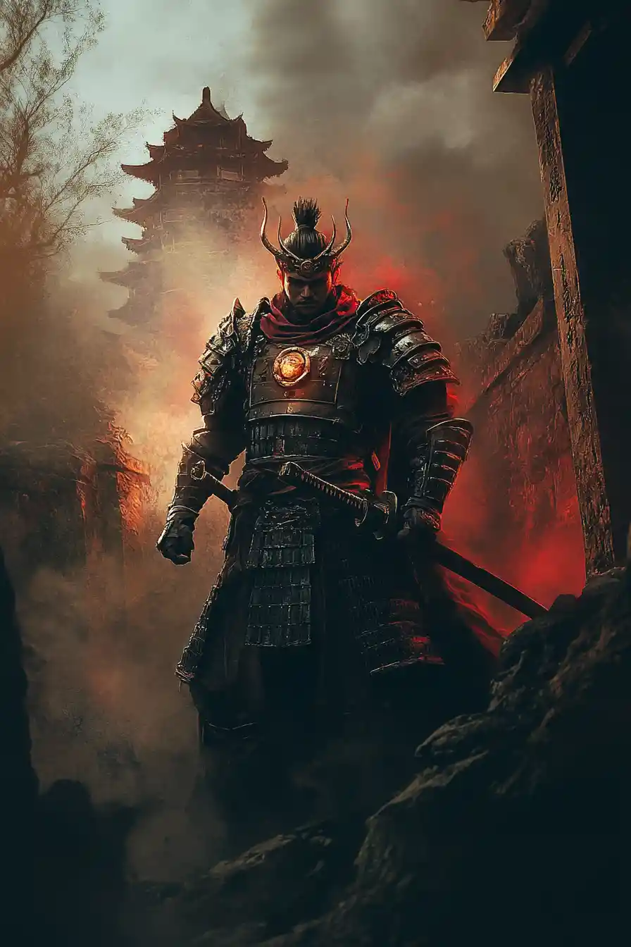 Stoic samurai warrior before a ruined misty ancient temple