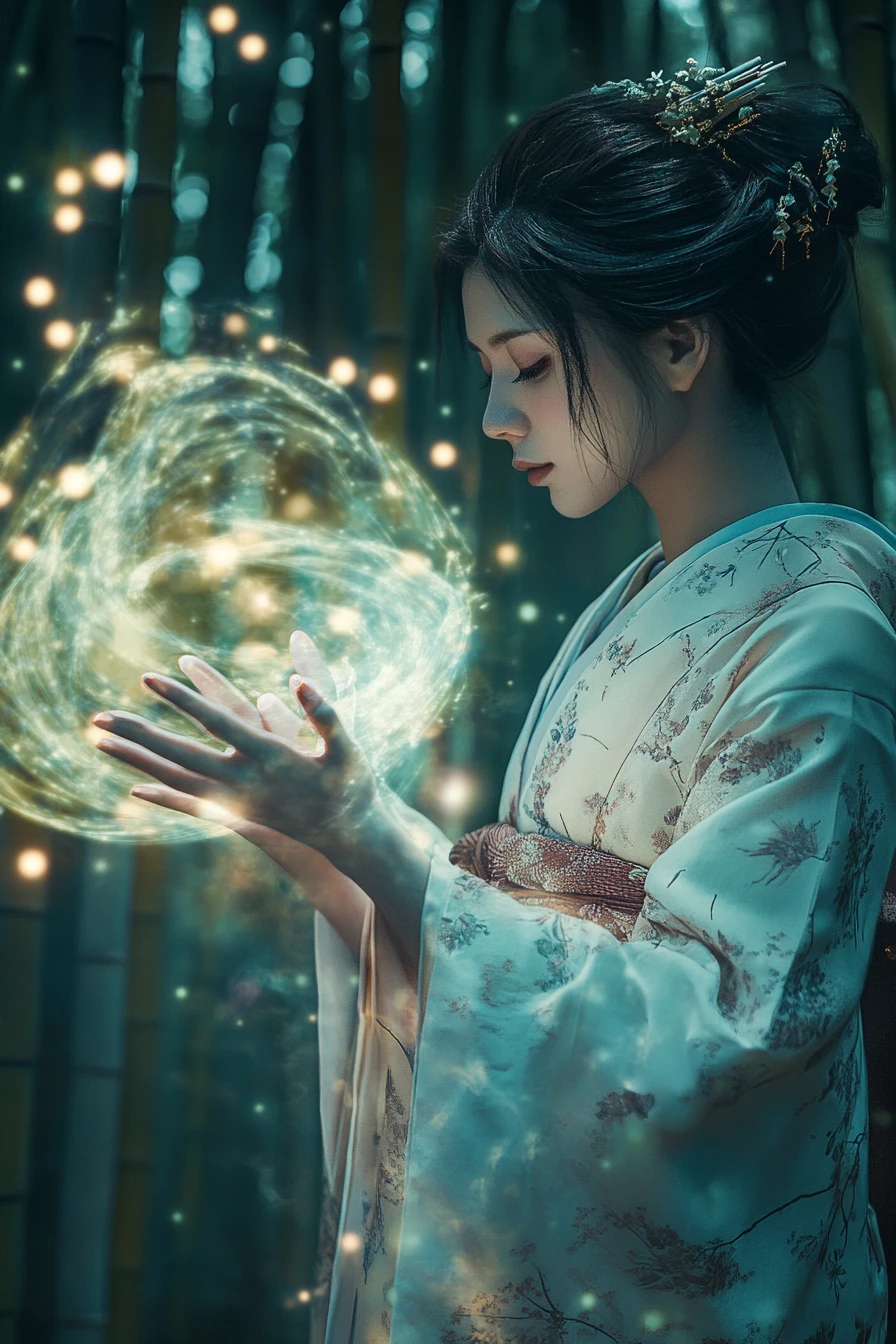Geisha etérea lanzando magia en un bosque de bambú a la luz de la luna