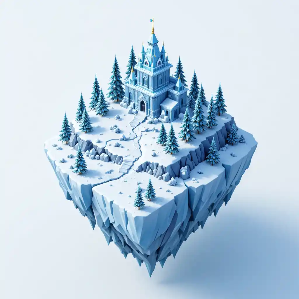 Fortaleza de Gelo Isométrica em uma Ilha Flutuante Low Poly