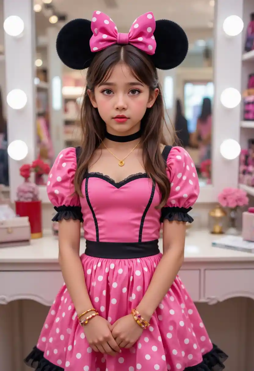 Tween in Minnie Mouse outfit before boutique vanity