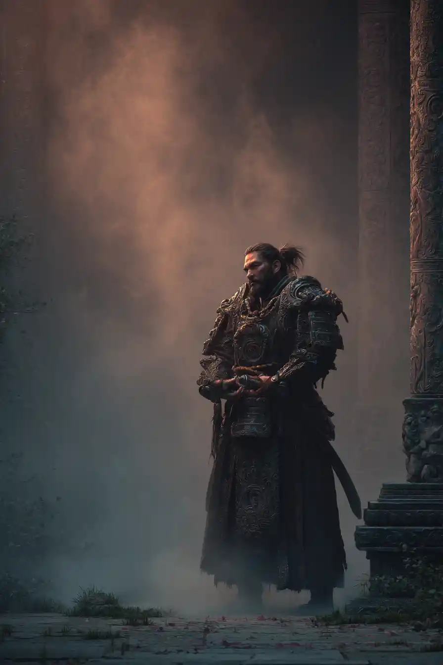 Stoic samurai warrior before a crumbling misty temple