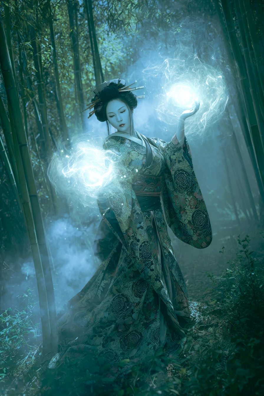 Geisha mística lanzando magia en un bosque de bambú a la luz de la luna