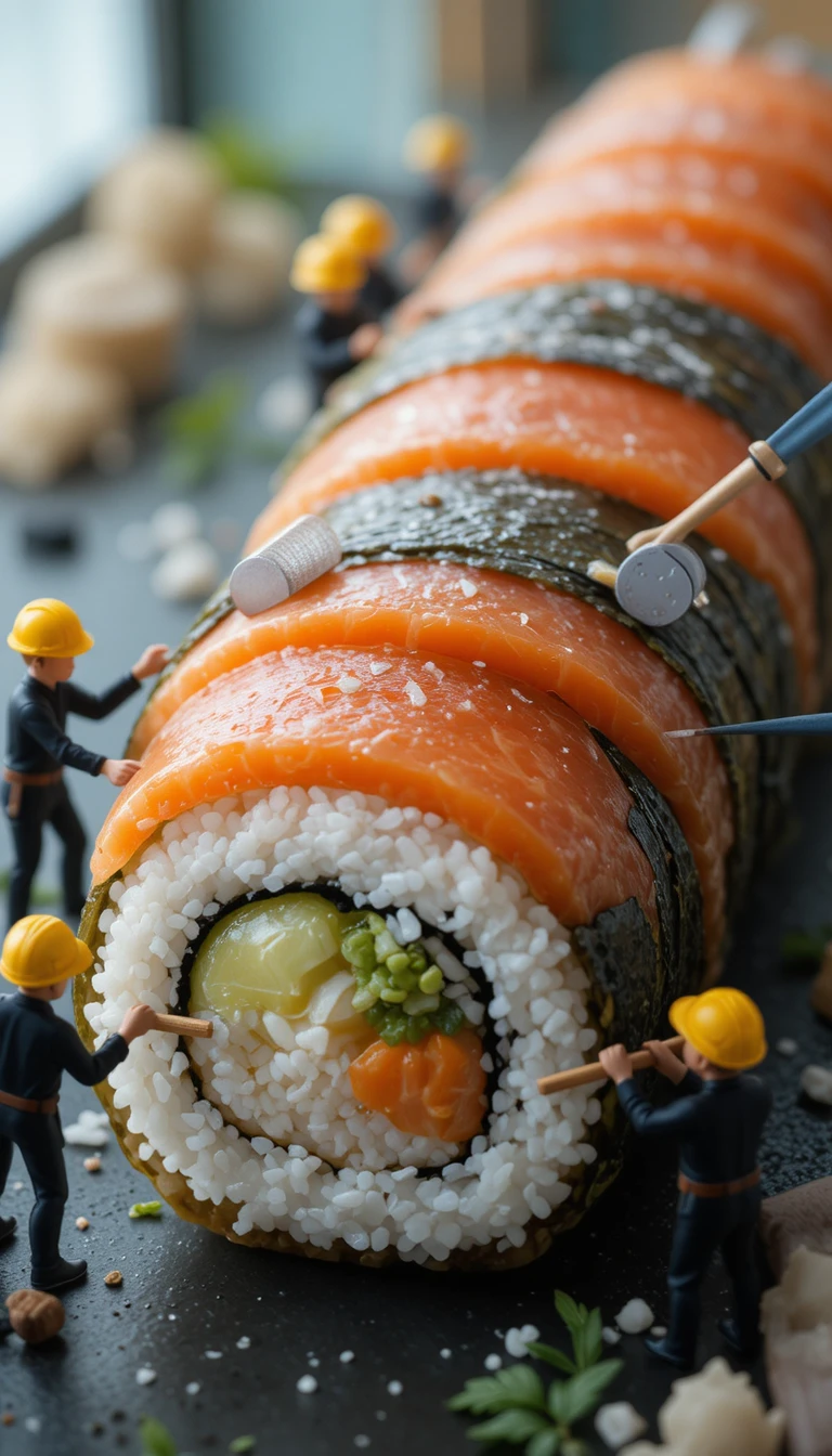 Trabalhadores em miniatura construindo um sushi gigante em visão macro