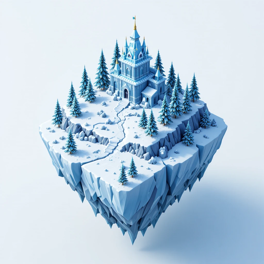 Fortaleza de Gelo Isométrica em uma Ilha Flutuante Low Poly