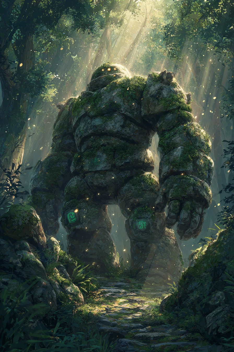 Golem de pedra ancestral despertando em uma clareira ensolarada da floresta