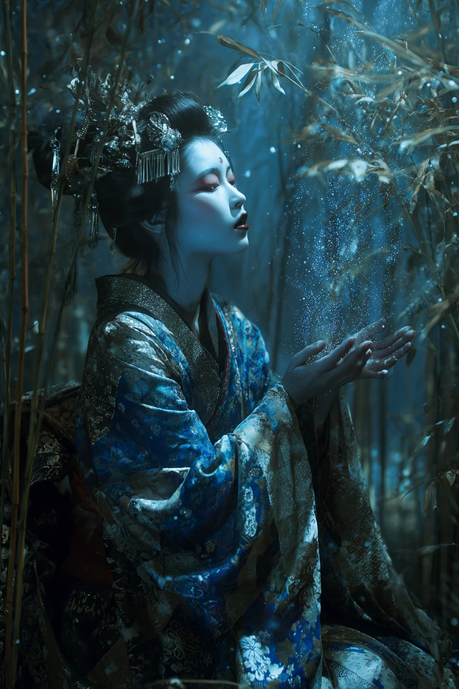 Ethereal geisha casting ancient magic in bamboo forest