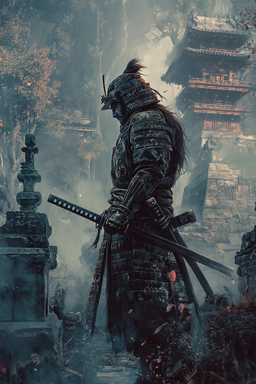 Guerriero samurai stoico davanti a un tempio in rovina avvolto nella nebbia