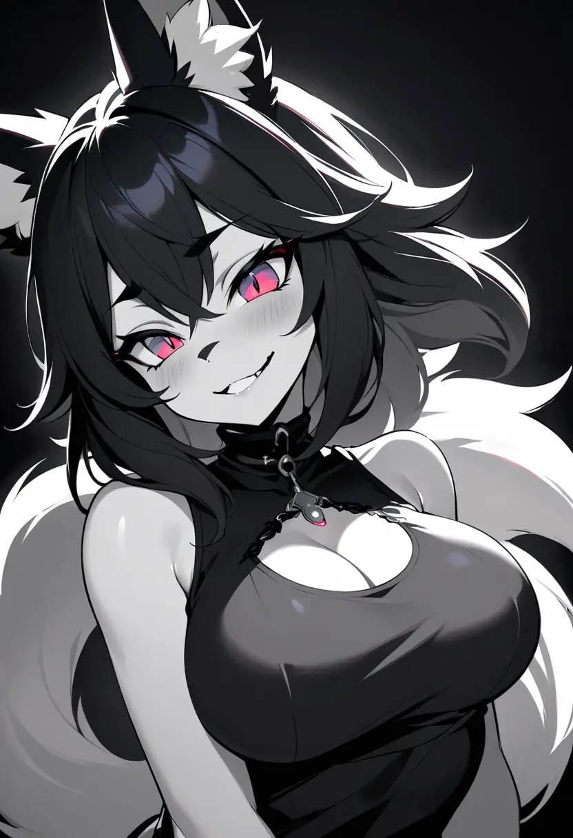 Mulher raposa negra gótica furry em pose provocante em close