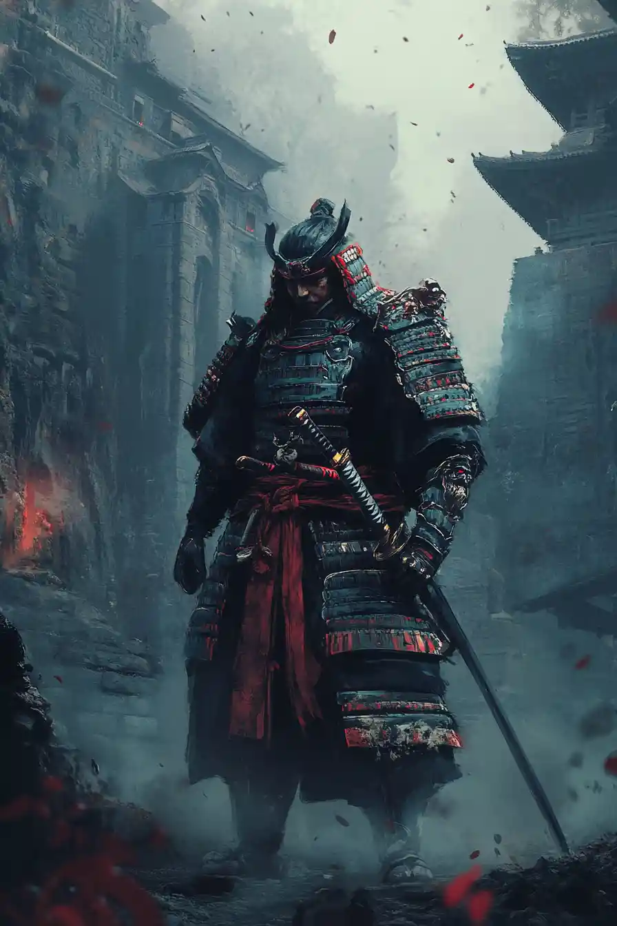 Stoic samurai warrior before a ruined misty temple
