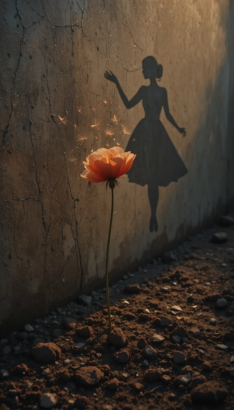 Roter Mohn wirft bei Sonnenuntergang einen surrealen Schatten einer tanzenden Frau