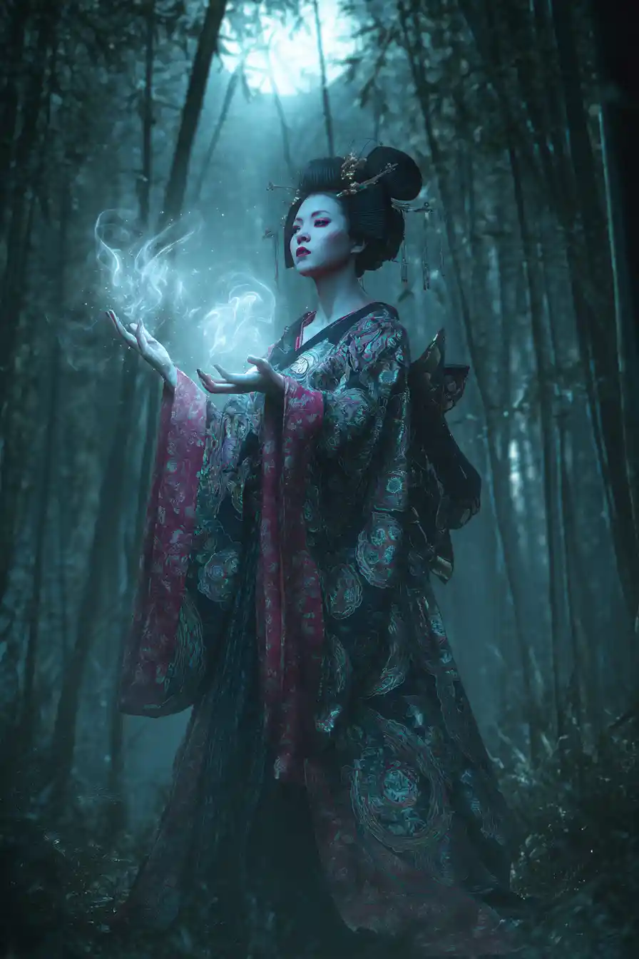 Geisha etérea lanzando magia en un bosque de bambú a la luz de la luna